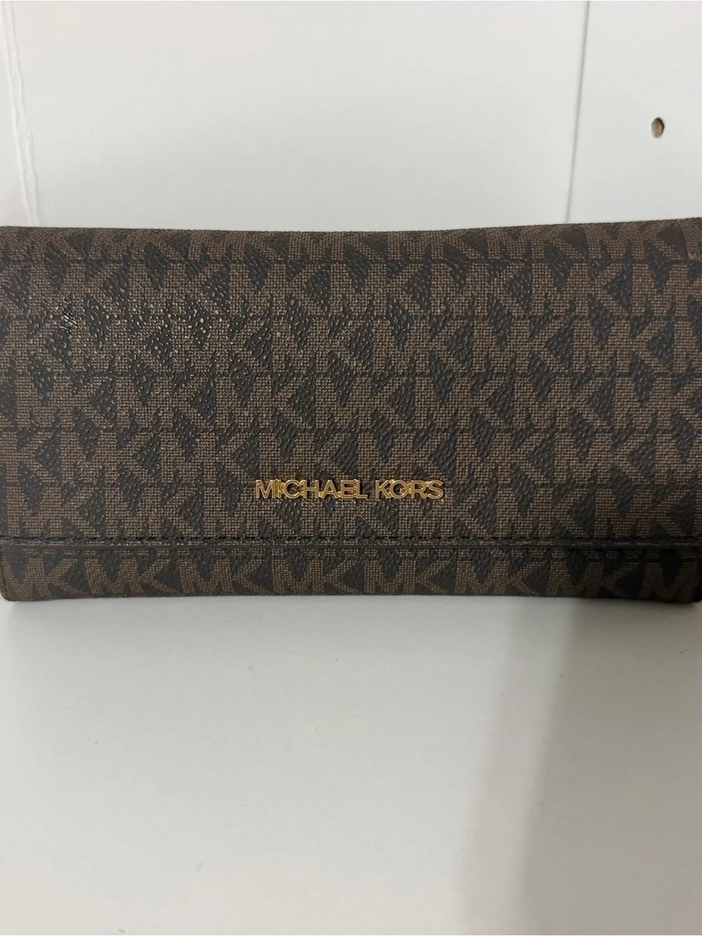 Michael Kors Brown Monogram Continental Wallet with Gold Logo